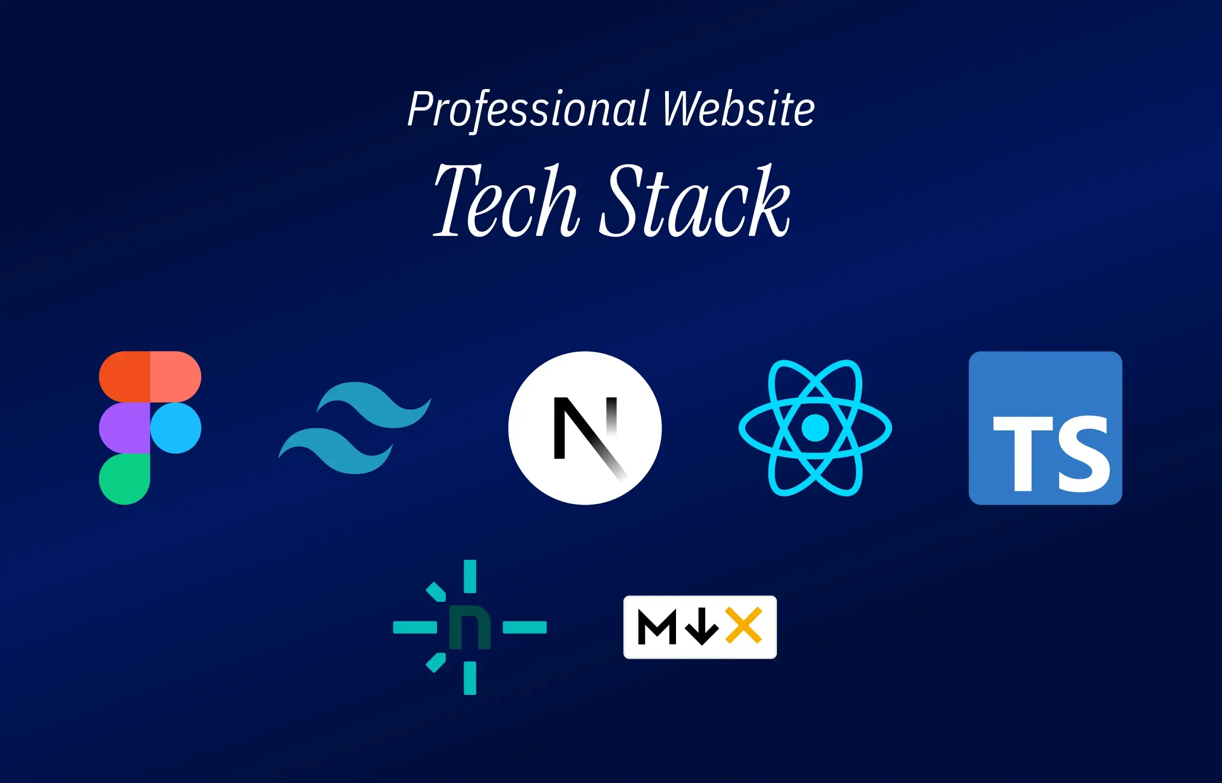 A visualization of the different technologies used to develop my professional website. Among them are icons of Figma, TailwindCSS, NextJS, React, TypeScript, Netlify and MDX.