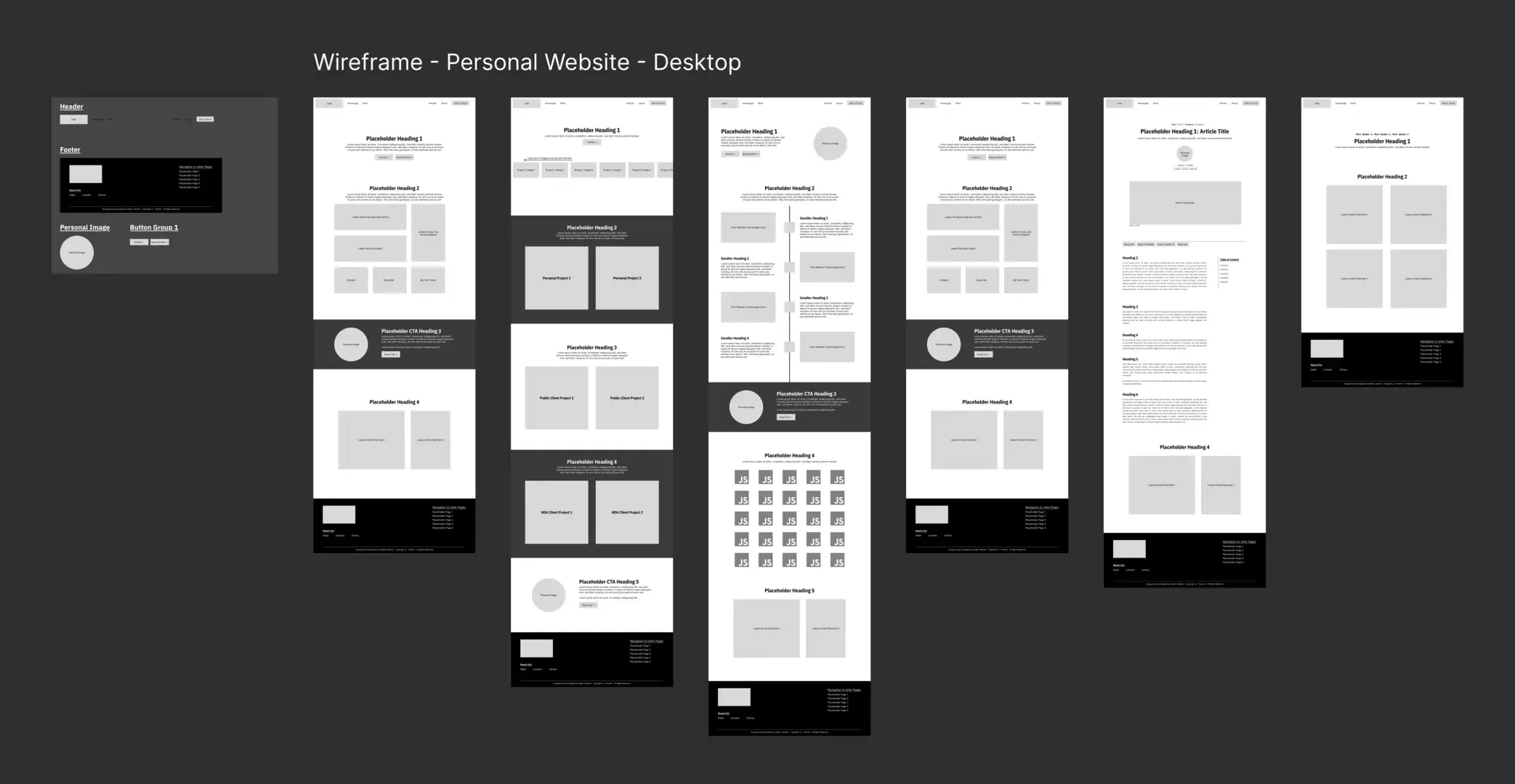 A display of the wireframe of the project, created in Figma. It shows the very first version of the wireframe.